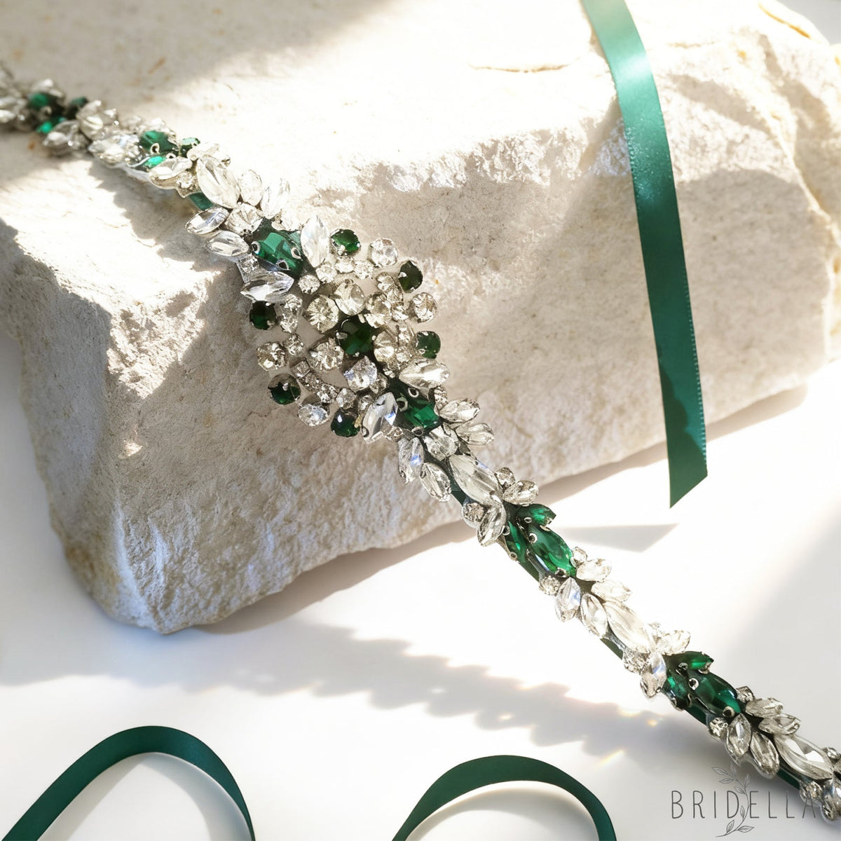 Emerald Green Rhinestone Bridal Sash Wedding Dress Belt – Bridella BS124KL - Emerald - Belts