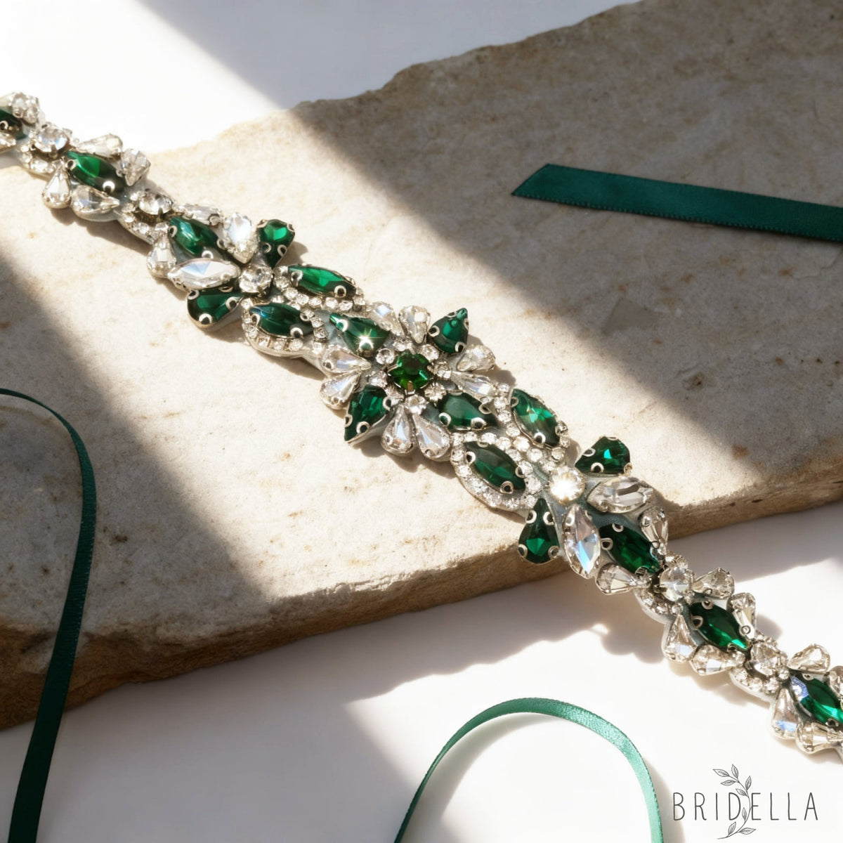 Emerald Green Rhinestone Bridal Sash Wedding Dress Belt – Bridella BS167KL - Emerald - Blets