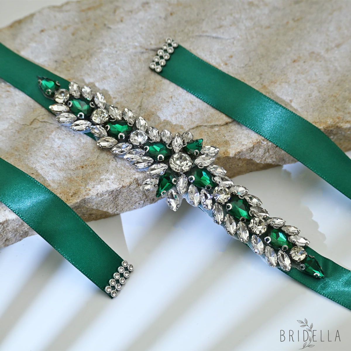Emerald Green Rhinestone Bridal Sash Wedding Dress Belt – Bridella BS191KL - Emerald - Belts