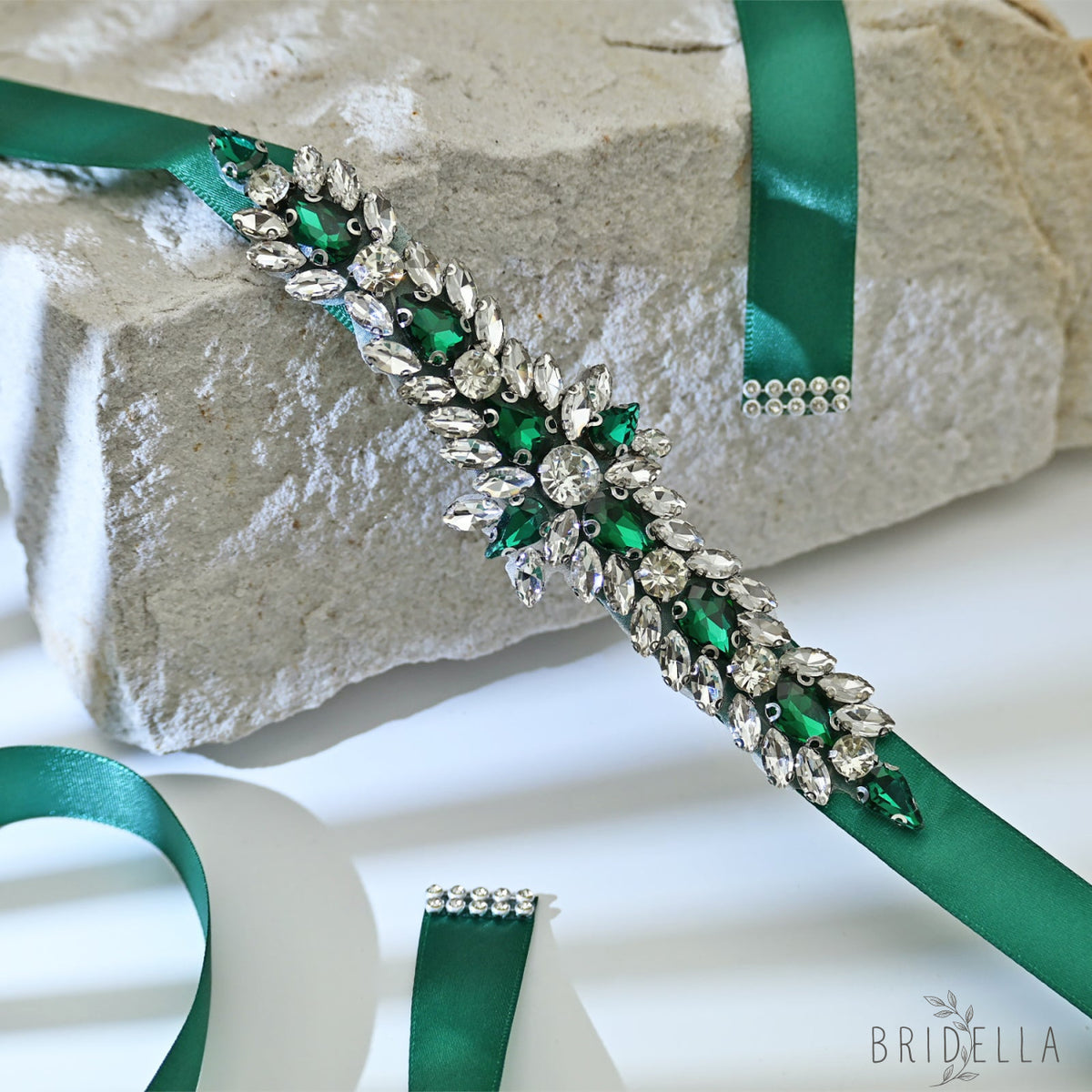 Emerald Green Rhinestone Bridal Sash Wedding Dress Belt – Bridella BS191KL - Emerald - Belts
