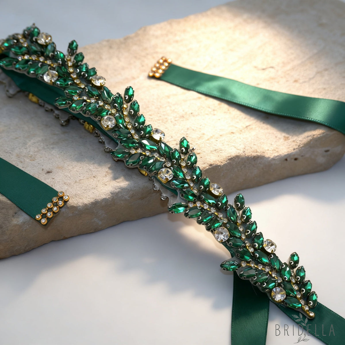 Emerald Rhinestone Bridal Belt Crystal Wedding Sash Adjustable BS242KL Bridella - Emerald - Blets