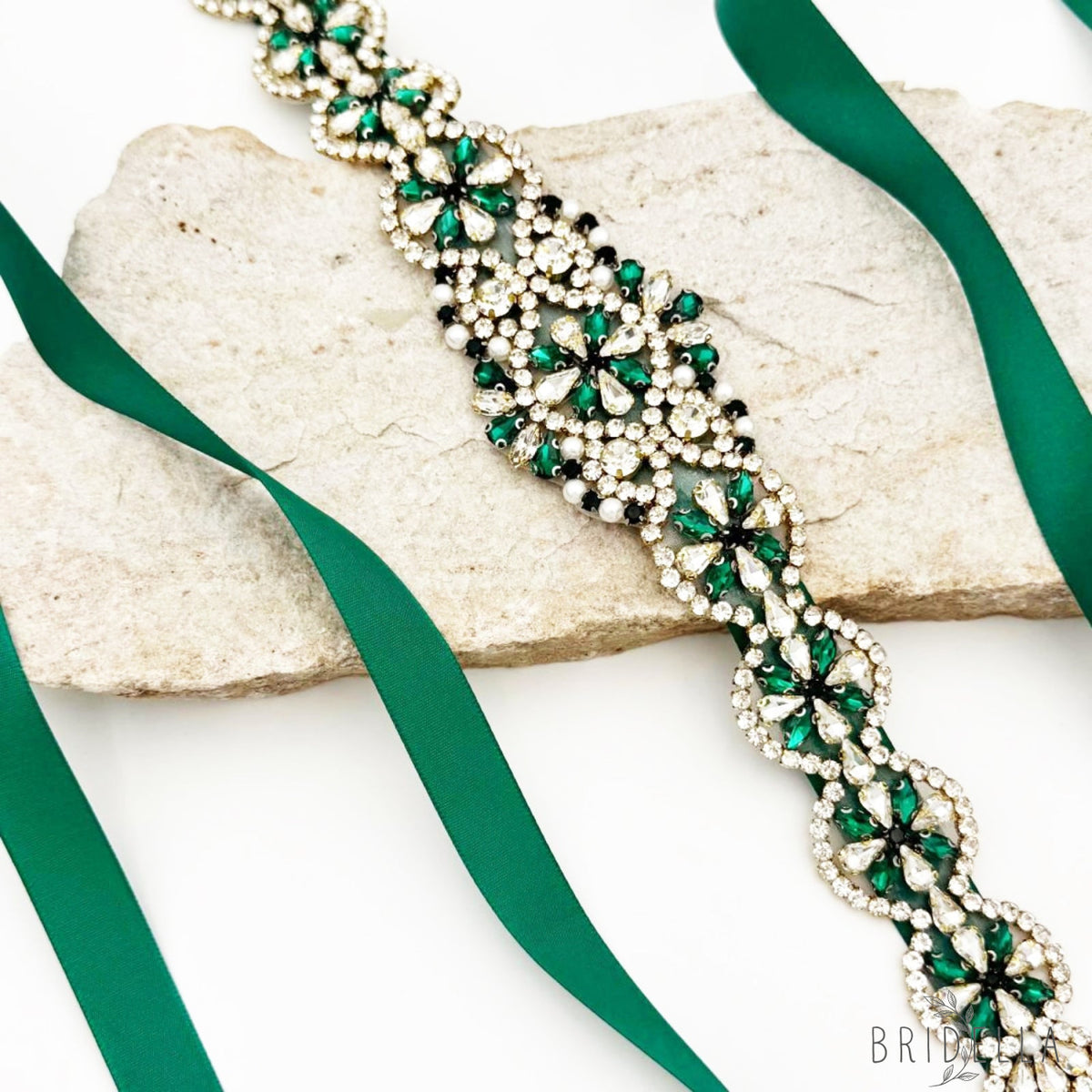 Emerald Rhinestone & Pearl Belt - Bridella BS161KL - Emerald - Blets