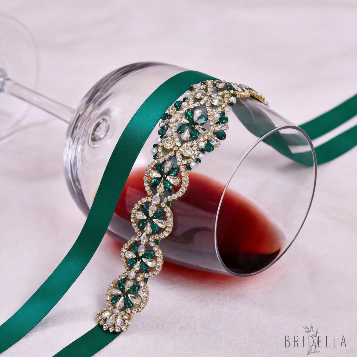 Emerald Rhinestone & Pearl Belt - Bridella BS161KL - Emerald - Blets