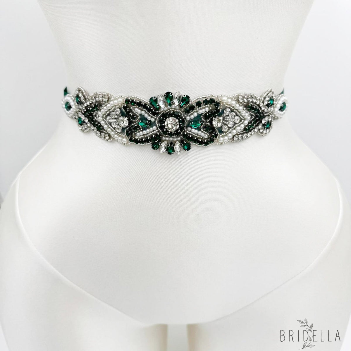 Emerald Rhinestone Pearl Bridal Belt Bridella BS208KL - Emerald - Blets