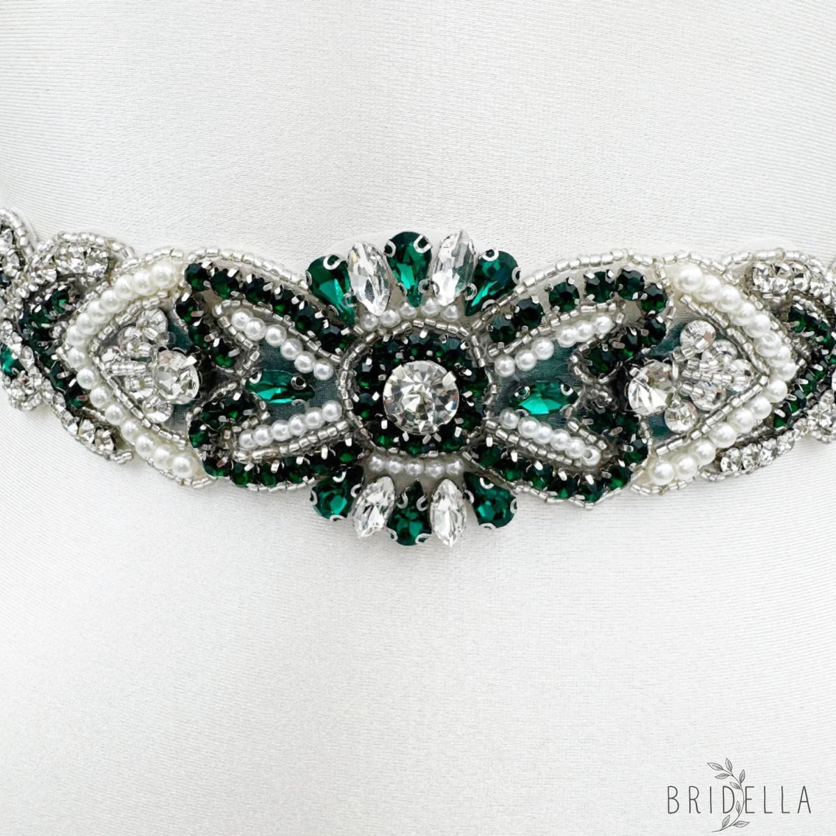 Emerald Rhinestone Pearl Bridal Belt Bridella BS208KL - Emerald - Blets