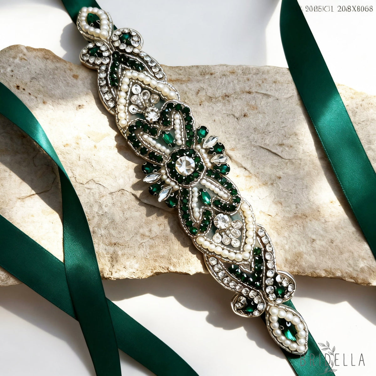 Emerald Rhinestone Pearl Bridal Belt Bridella BS208KL - Emerald - Blets