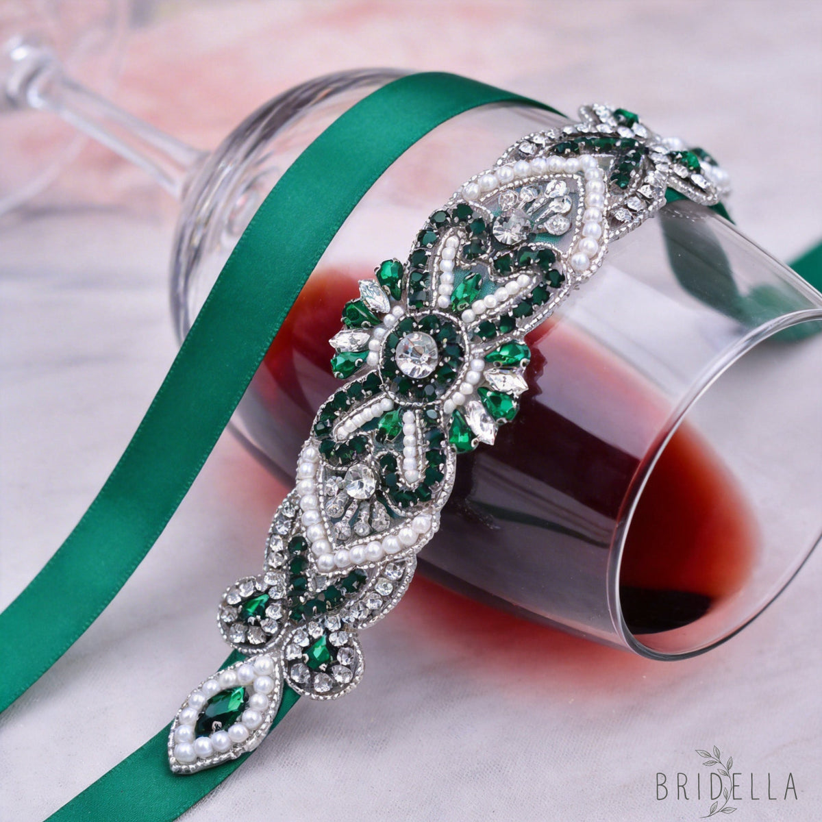 Emerald Rhinestone Pearl Bridal Belt Bridella BS208KL - Emerald - Blets