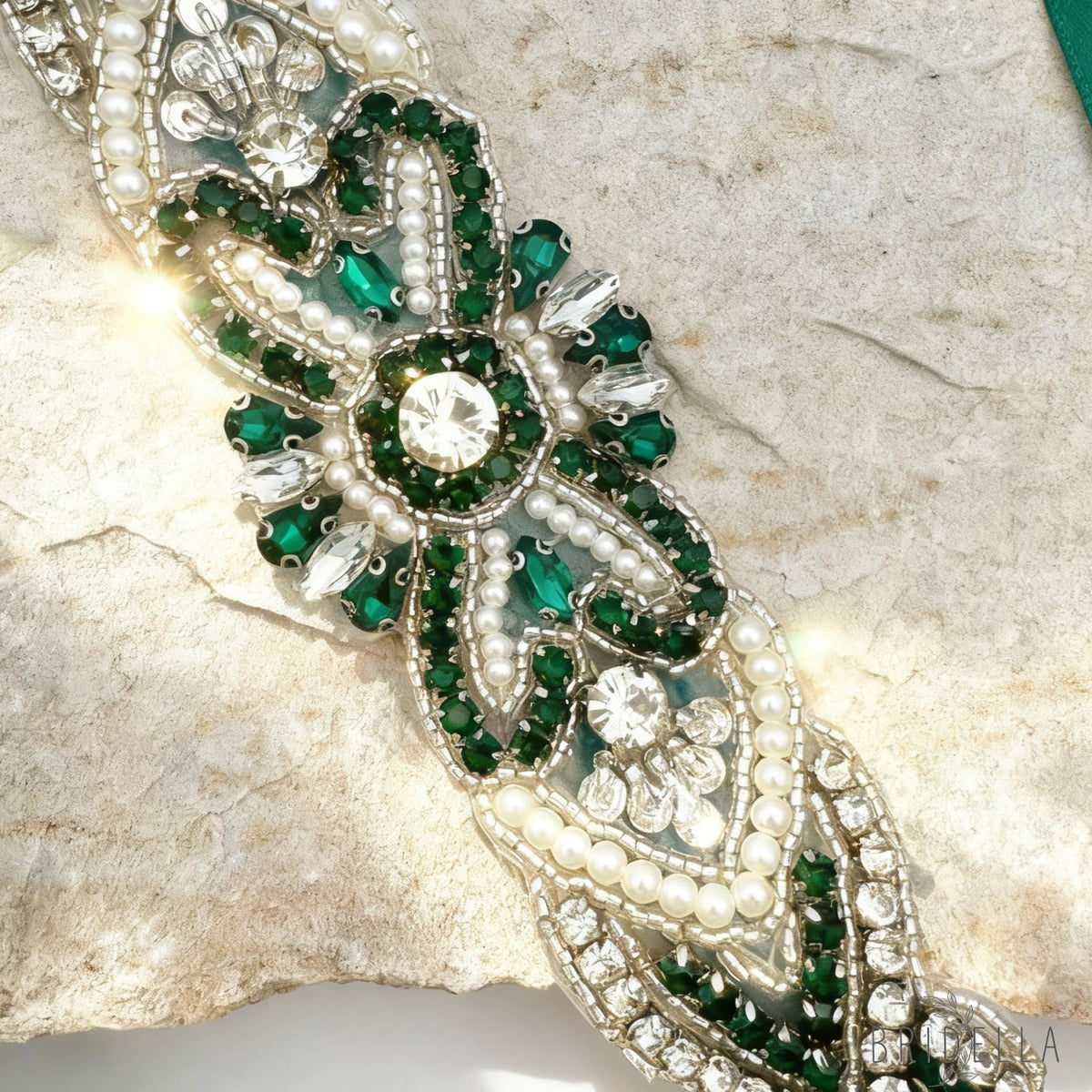 Emerald Rhinestone Pearl Bridal Belt Bridella BS208KL - Emerald - Blets