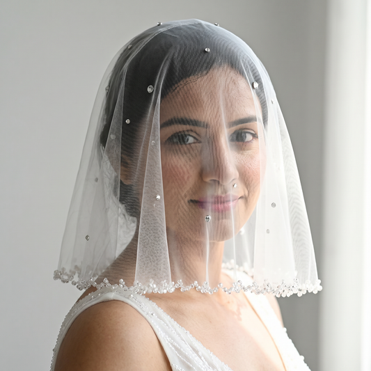 Ivory Crystal Beaded Bridal Blusher Veil Rhinestone Birdcage Wedding Veil - Bridella BMA10-I