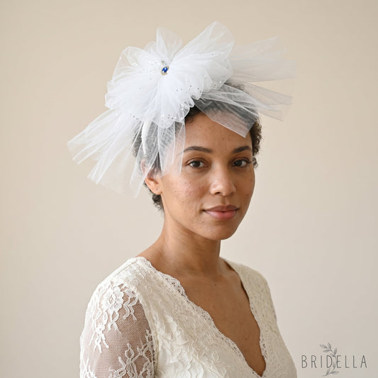 Floral Bridal Blusher Veil Two Layer Sequined Wedding Headband Hair Accessory - Bridella BMA04 - Ivory