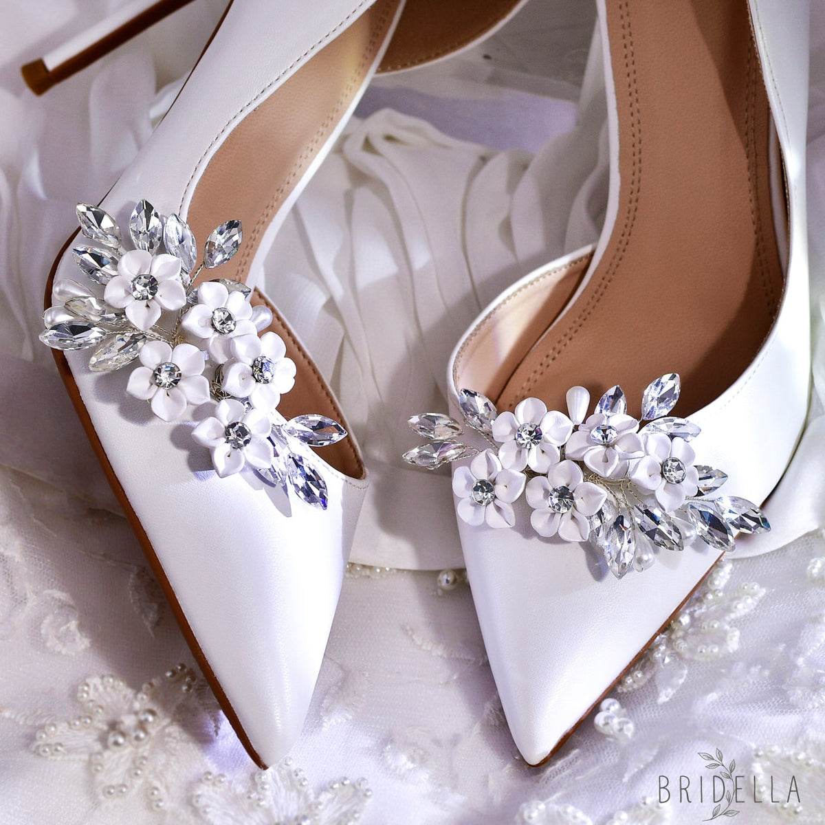 Flower Rhinestone Bridal Shoe Clips Wedding Heel Decoration - Bridella BHX71 - White