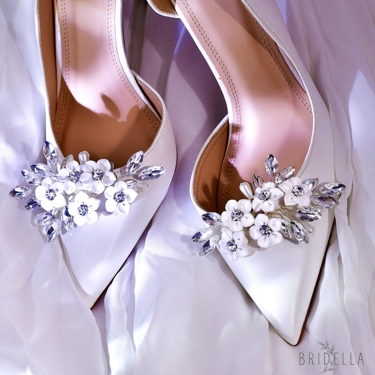 Flower Rhinestone Bridal Shoe Clips Wedding Heel Decoration - Bridella BHX71 - White