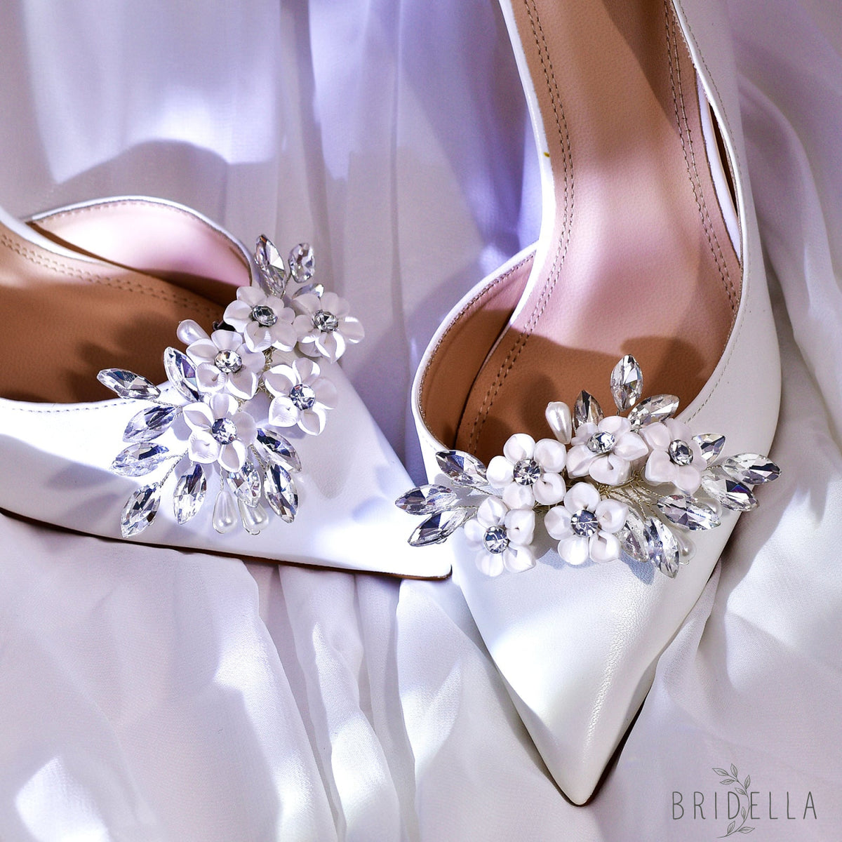 Flower Rhinestone Bridal Shoe Clips Wedding Heel Decoration - Bridella BHX71 - White
