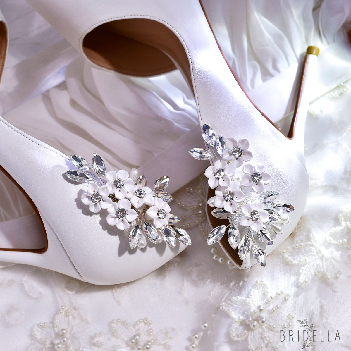 Flower Rhinestone Bridal Shoe Clips Wedding Heel Decoration - Bridella BHX71 - White