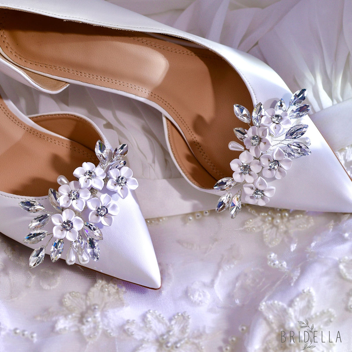 Flower Rhinestone Bridal Shoe Clips Wedding Heel Decoration - Bridella BHX71 - White