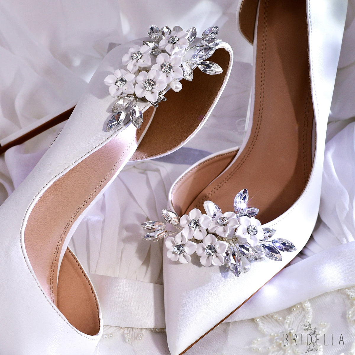 Flower Rhinestone Bridal Shoe Clips Wedding Heel Decoration - Bridella BHX71 - White