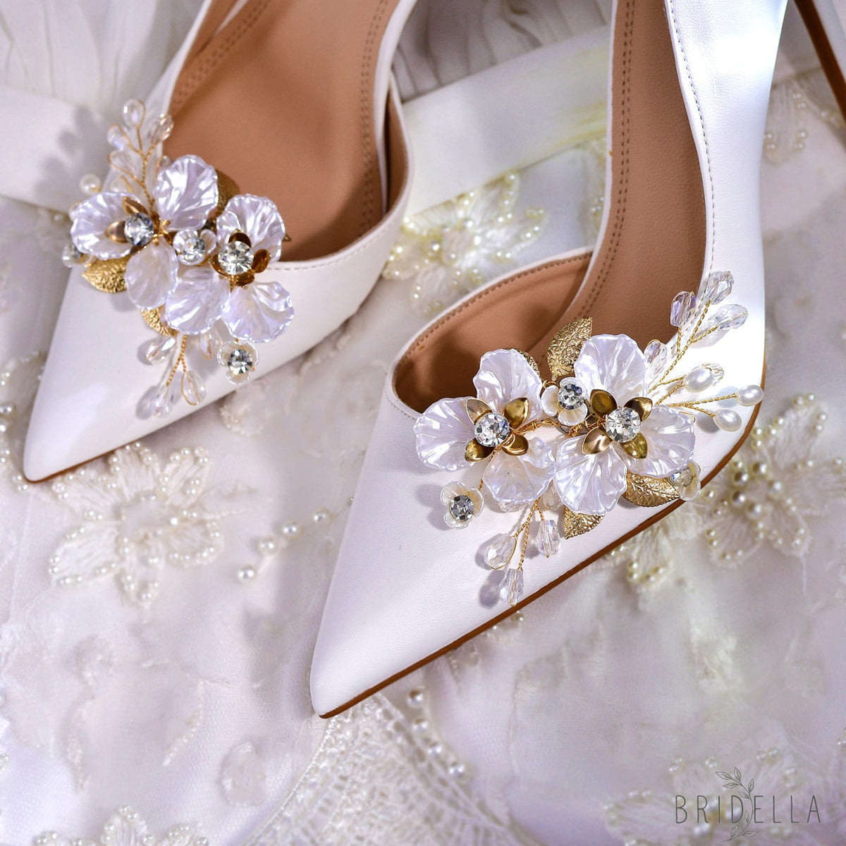 Gold Leaf Rhinestone Bridal Shoe Clips Wedding Decoration - Bridella BHX65 - Gold