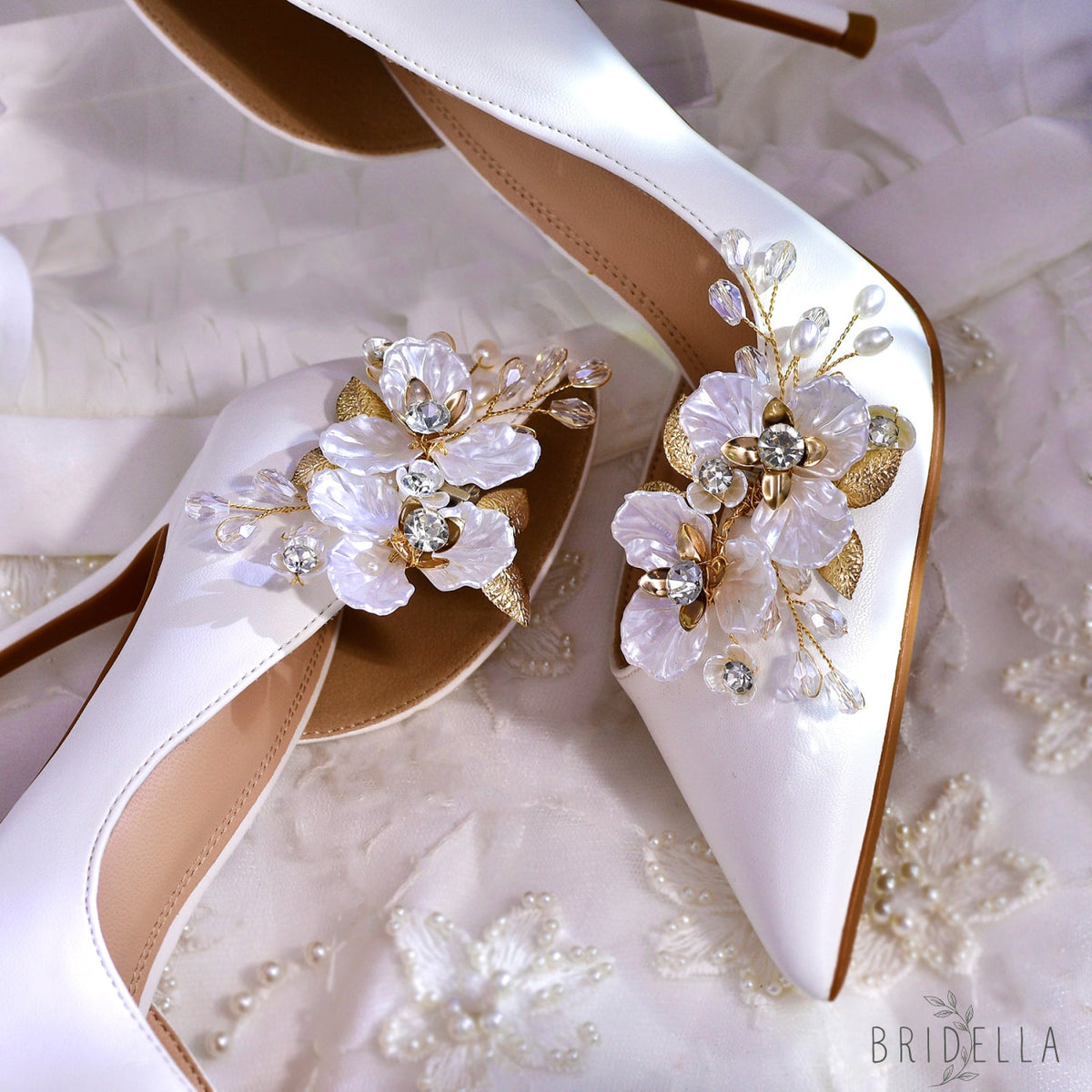 Gold Leaf Rhinestone Bridal Shoe Clips Wedding Decoration - Bridella BHX65 - Gold
