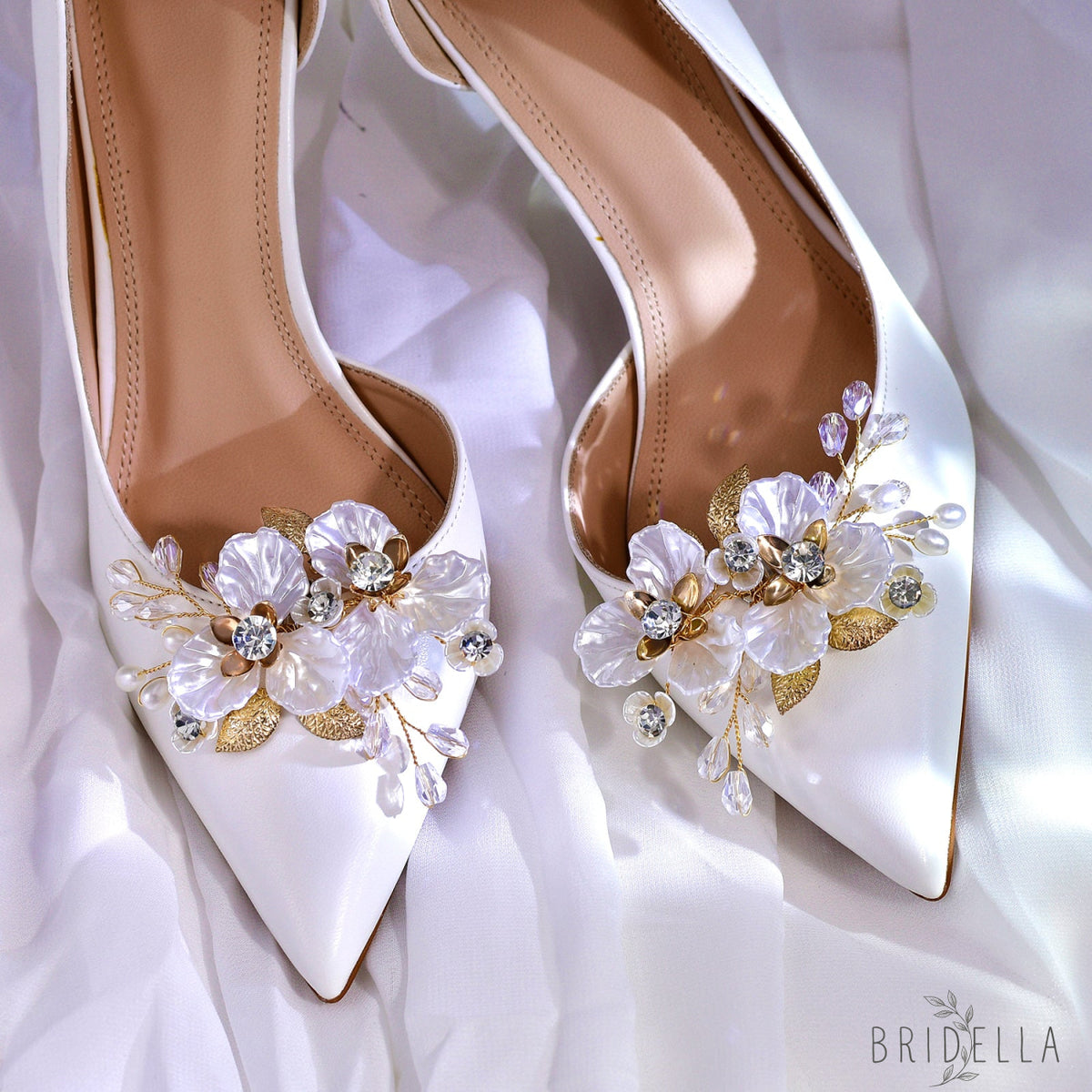 Gold Leaf Rhinestone Bridal Shoe Clips Wedding Decoration - Bridella BHX65 - Gold