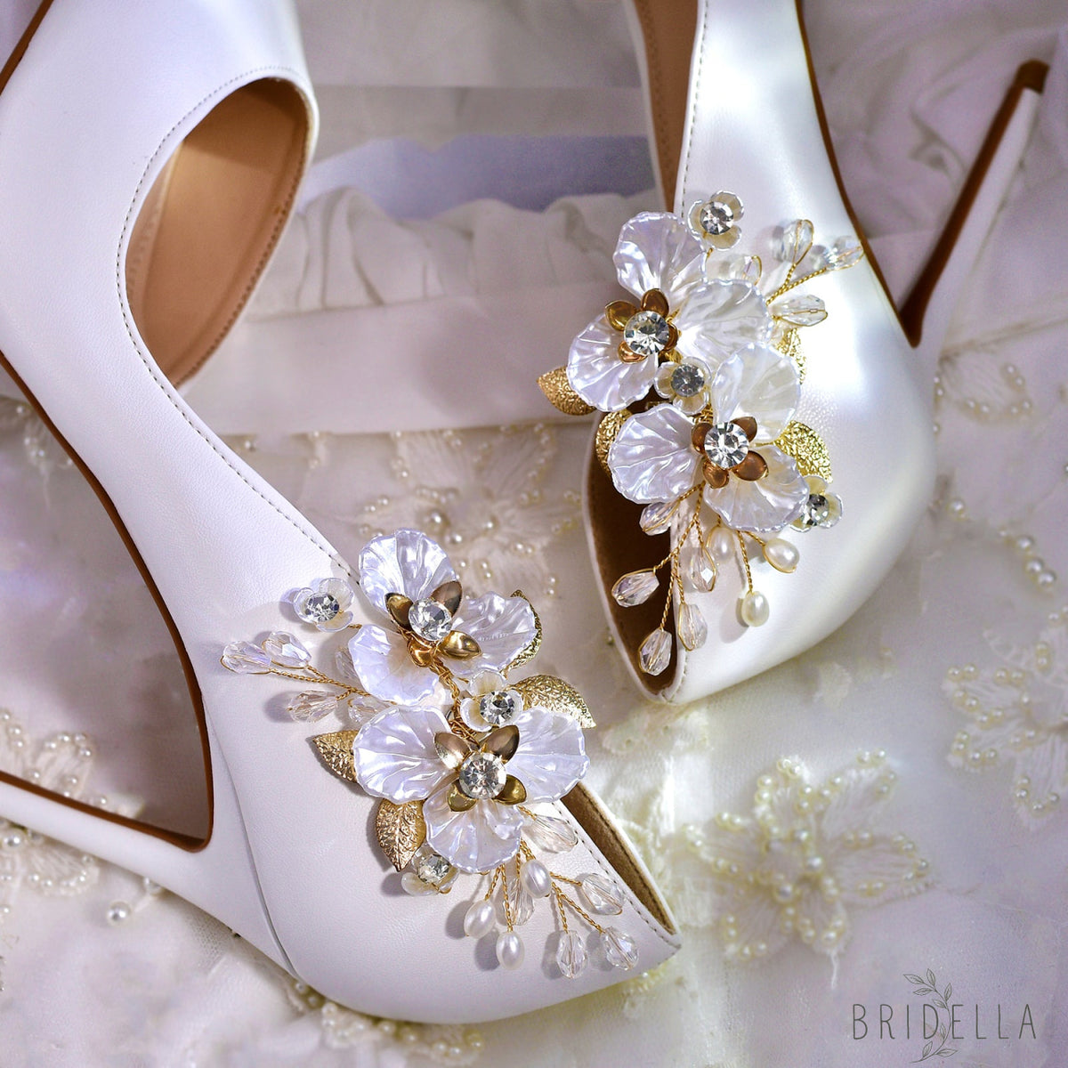 Gold Leaf Rhinestone Bridal Shoe Clips Wedding Decoration - Bridella BHX65 - Gold