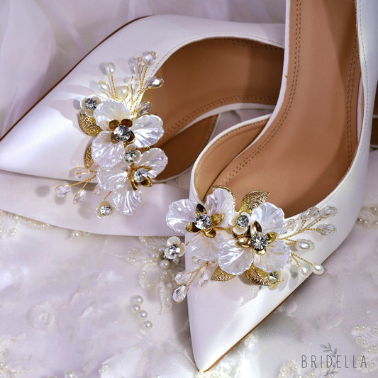Gold Leaf Rhinestone Bridal Shoe Clips Wedding Decoration - Bridella BHX65 - Gold