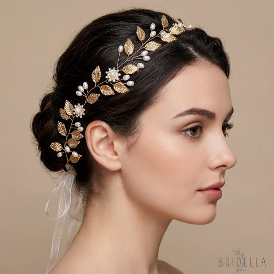 Gold Pearl & Alloy Leaf Bridal Headband - Bridella BHP110 - Golden - HEADWEAR