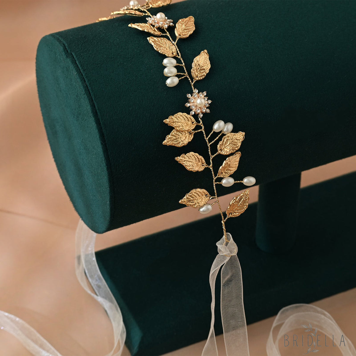 Gold Pearl & Alloy Leaf Bridal Headband - Bridella BHP110 - Golden - HEADWEAR