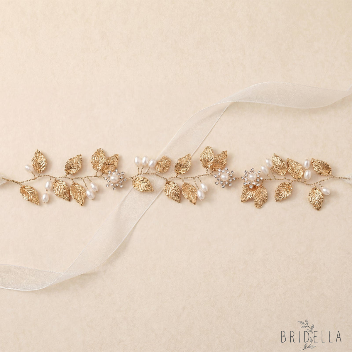 Gold Pearl & Alloy Leaf Bridal Headband - Bridella BHP110 - Golden - HEADWEAR