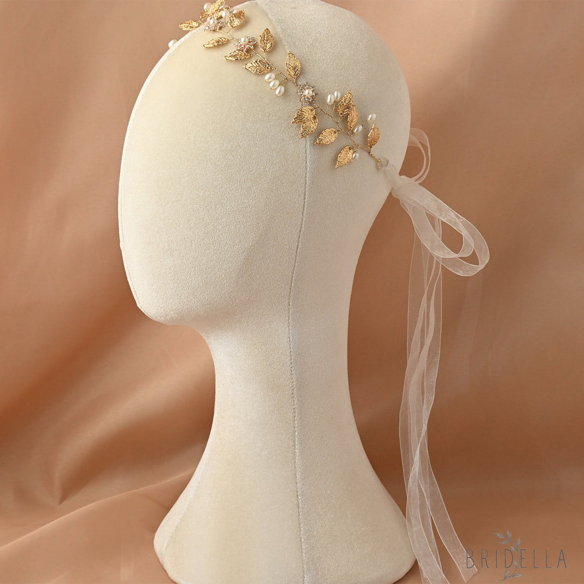 Gold Pearl & Alloy Leaf Bridal Headband - Bridella BHP110 - Golden - HEADWEAR