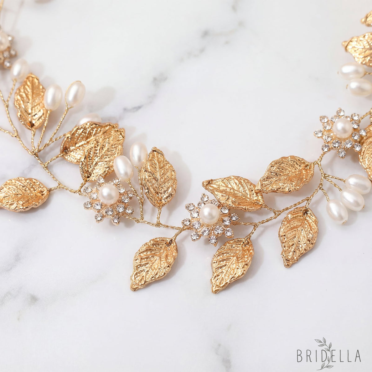 Gold Pearl & Alloy Leaf Bridal Headband - Bridella BHP110 - Golden - HEADWEAR