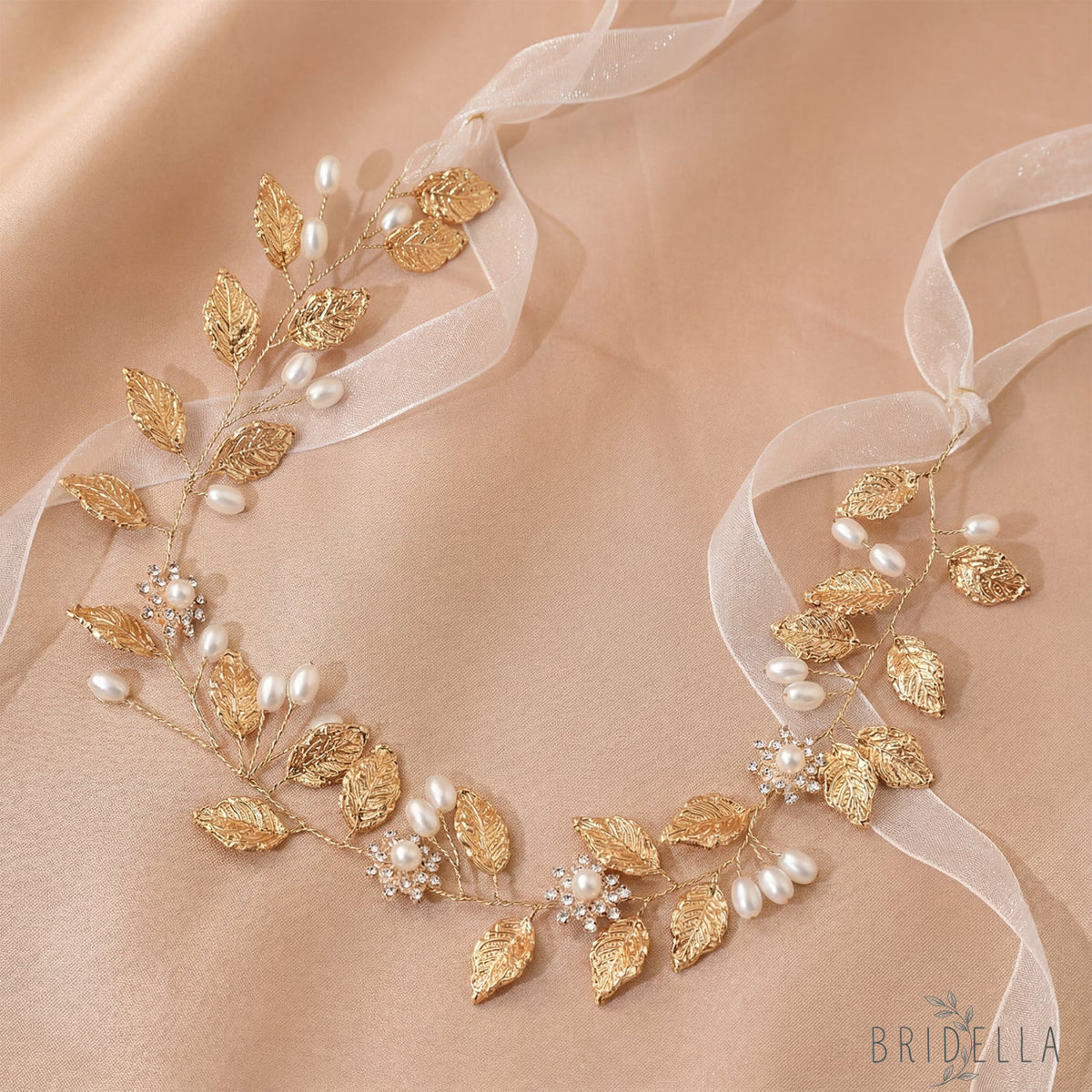 Gold Pearl & Alloy Leaf Bridal Headband - Bridella BHP110 - Golden - HEADWEAR