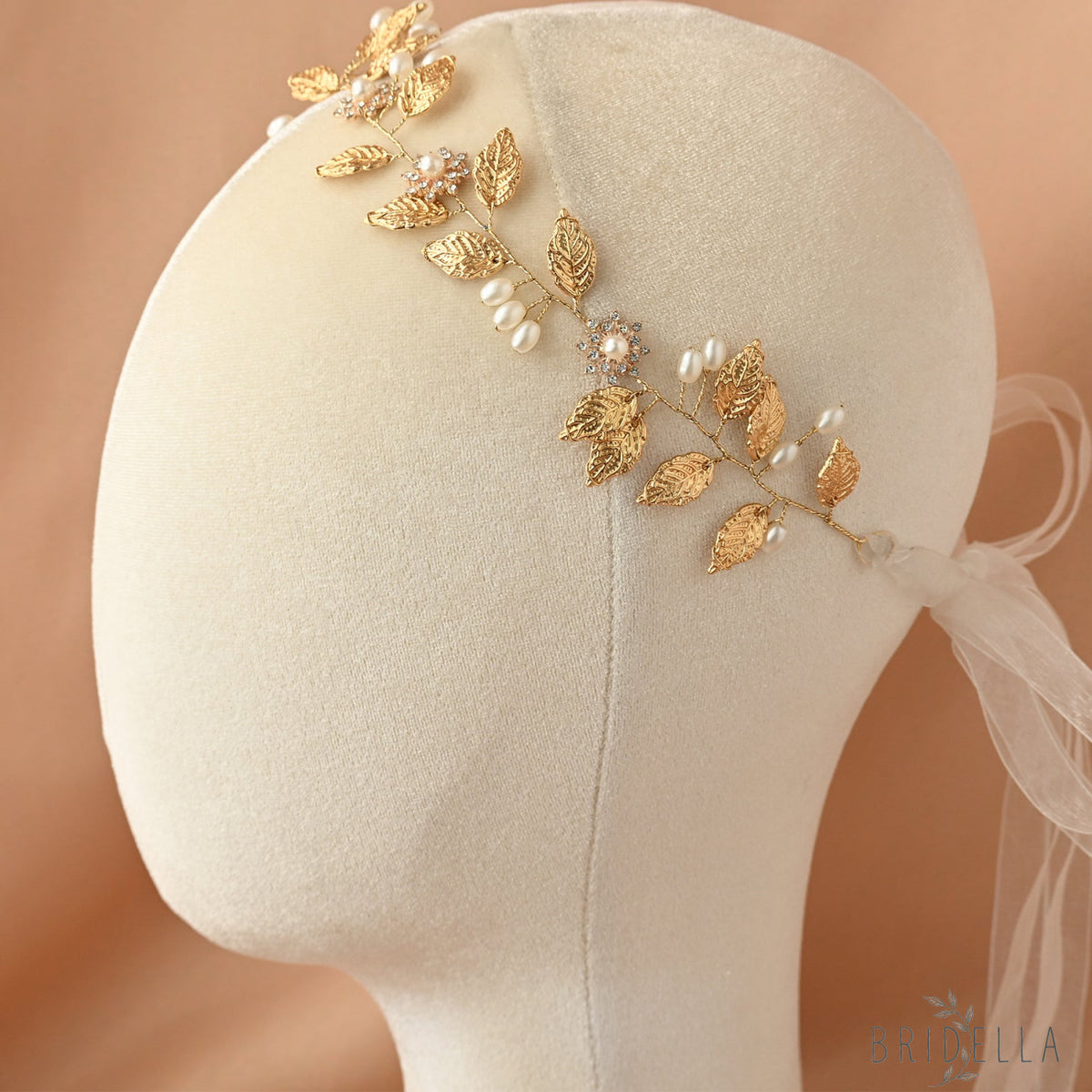 Gold Pearl & Alloy Leaf Bridal Headband - Bridella BHP110 - Golden - HEADWEAR