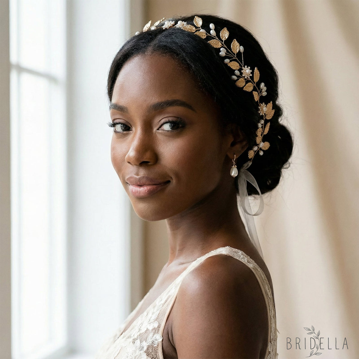 Gold Pearl & Alloy Leaf Bridal Headband - Bridella BHP110 - Golden - HEADWEAR