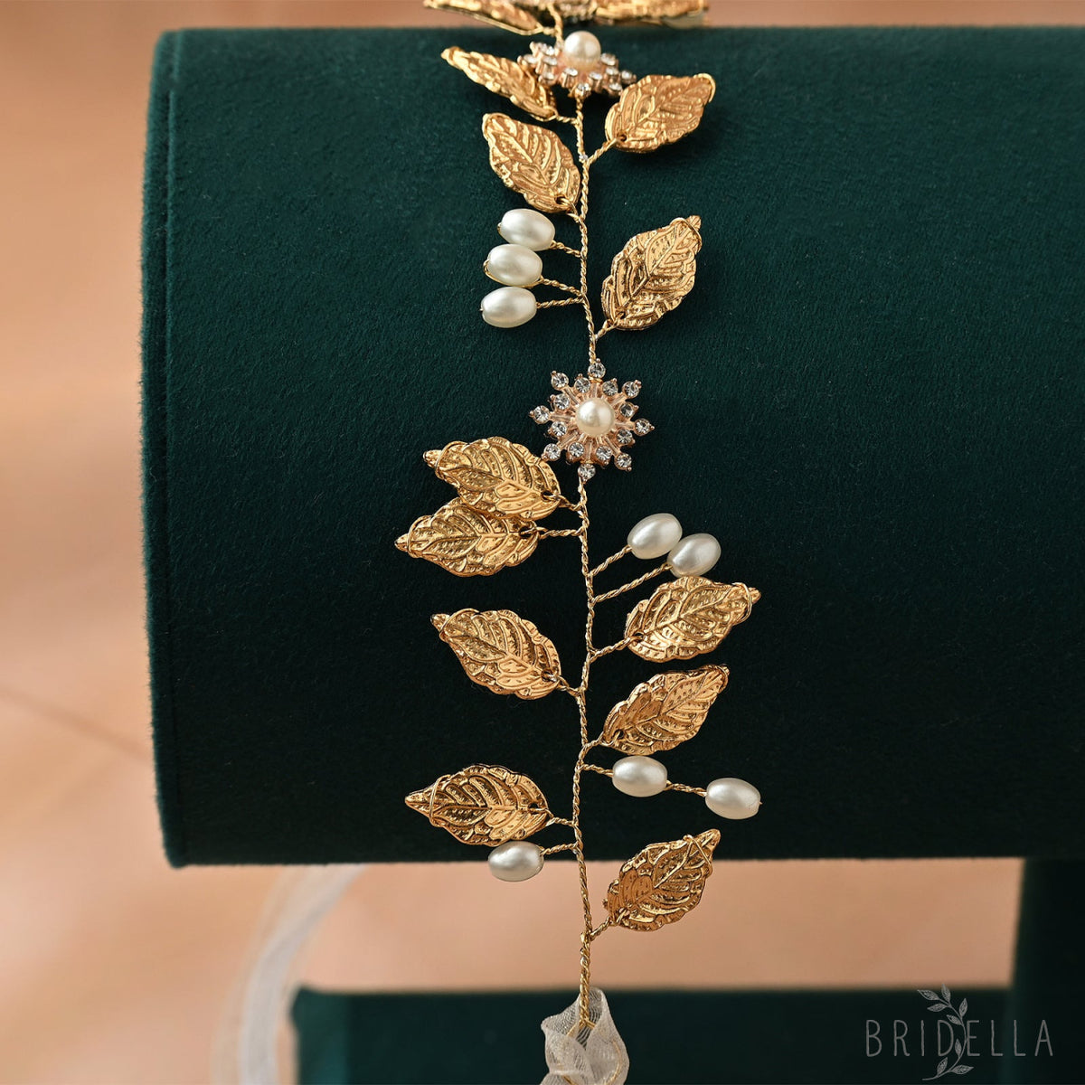 Gold Pearl & Alloy Leaf Bridal Headband - Bridella BHP110 - Golden - HEADWEAR