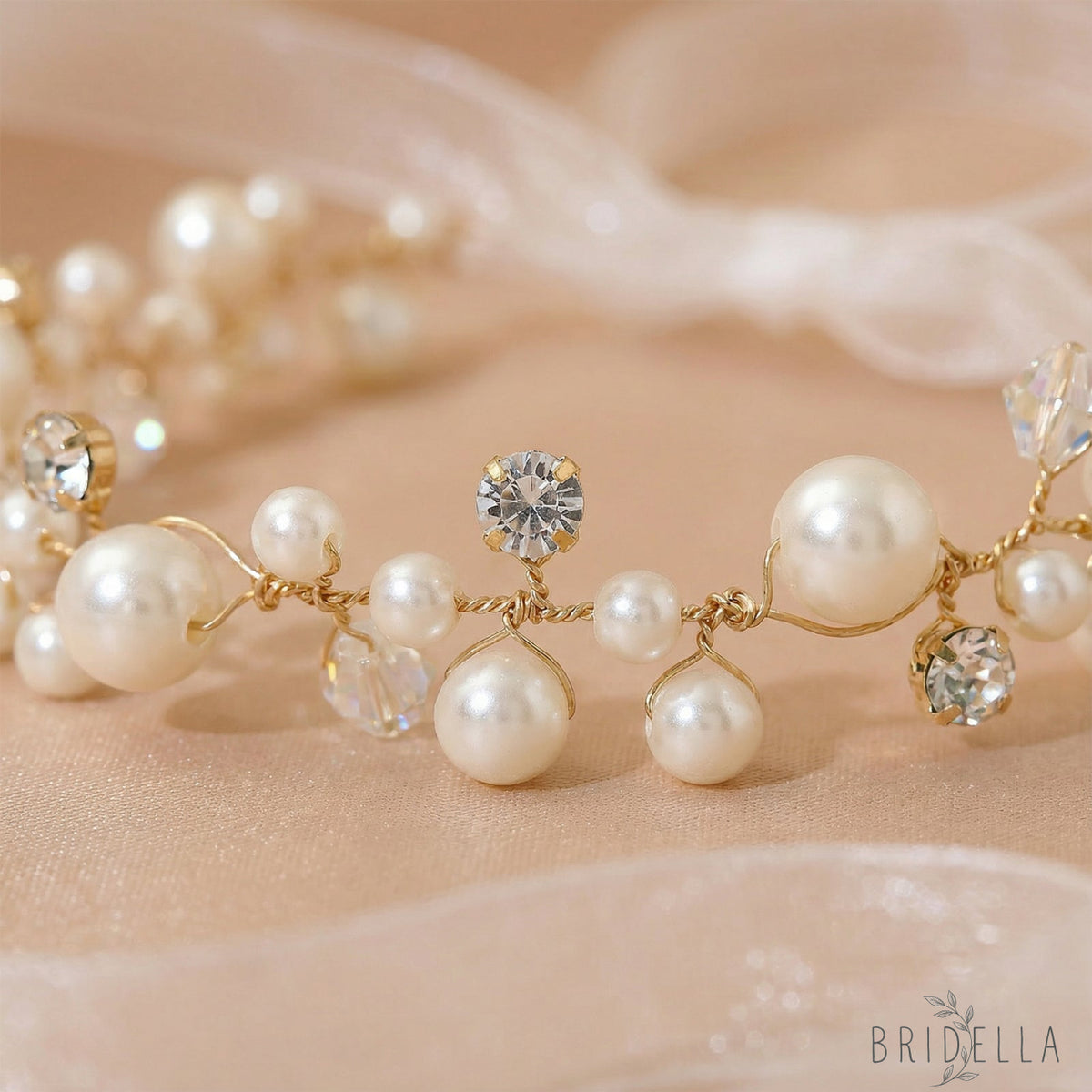 Gold Pearl Bridal Tiara Wedding Hair Crown - Bridella BHP03-G - Golden - HEADWEAR