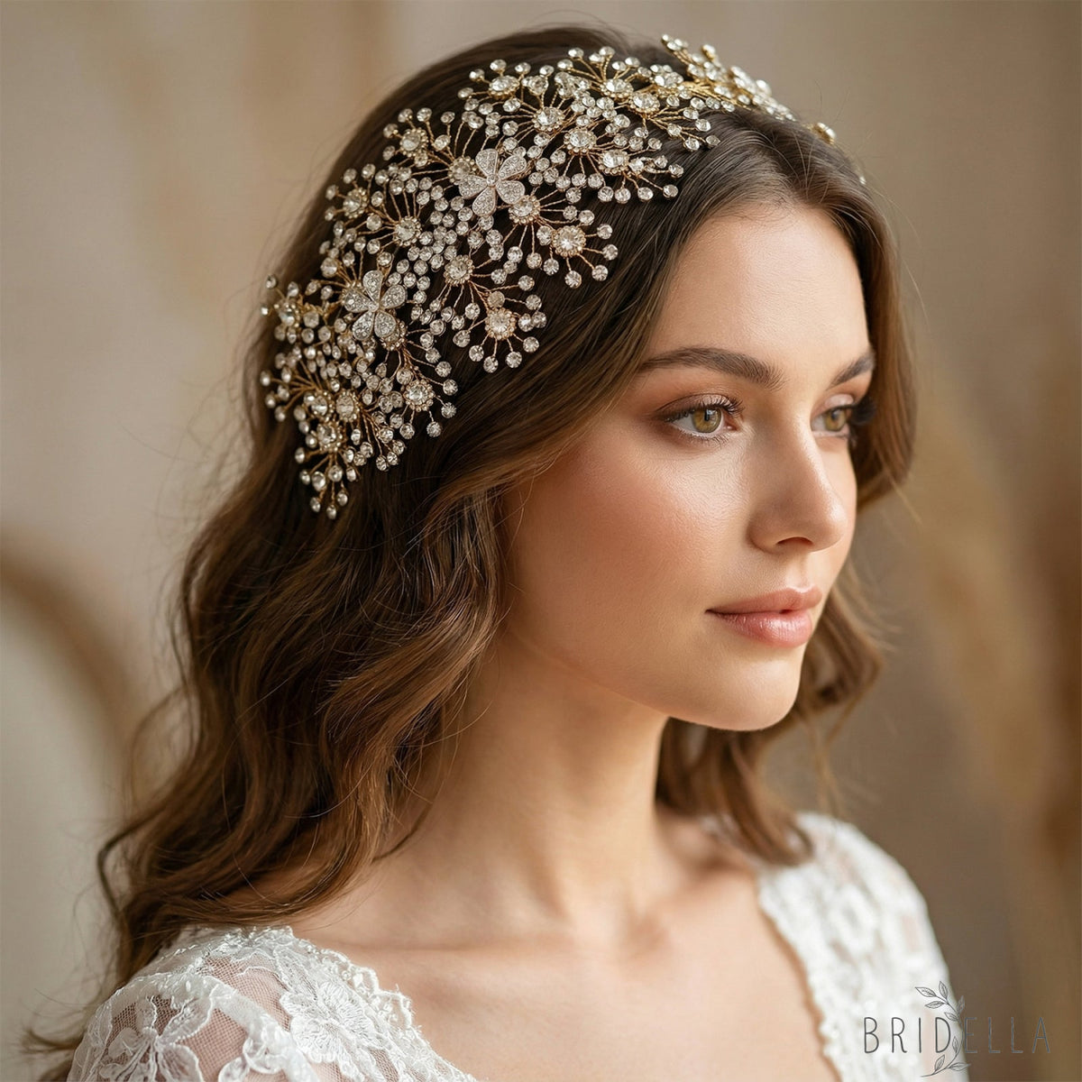 Gold Rhinestone Bridal Tiara Headband for Wedding - Bridella BHP240-G - Gold