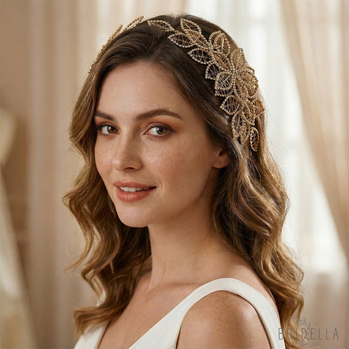 Gold Rhinestone Crown Bridal Tiara - Bridella BHP256-XG - Gold