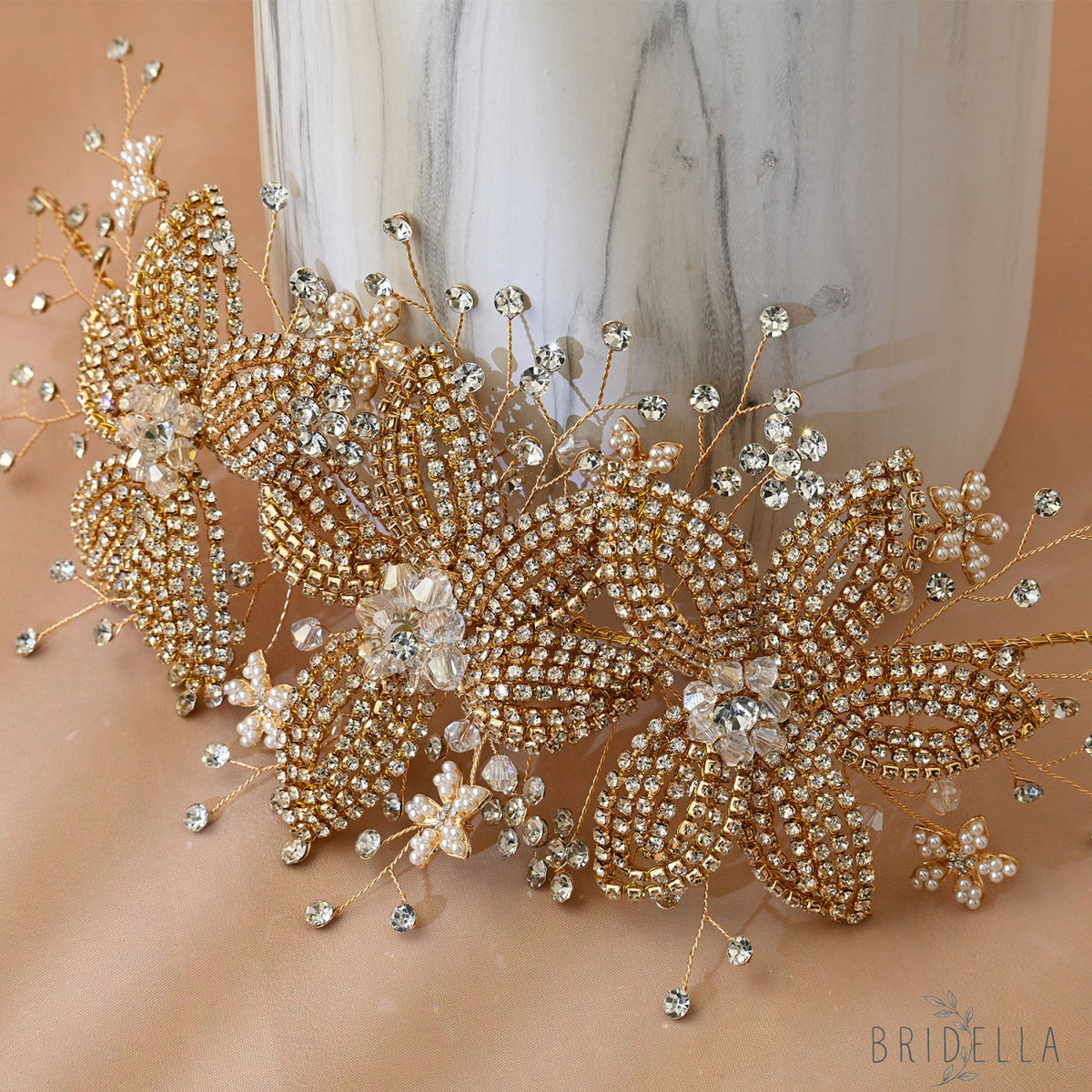Gold Rhinestone & Crystal Floral Bridal Tiara - Bridella BHP252-G - Golden - HEADWEAR