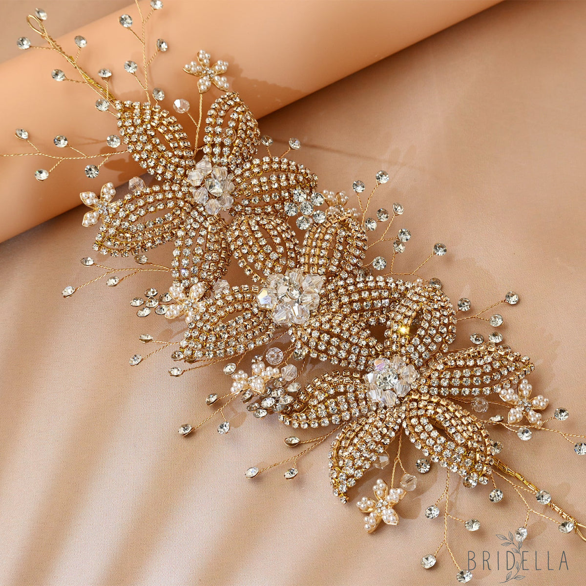 Gold Rhinestone & Crystal Floral Bridal Tiara - Bridella BHP252-G - Golden - HEADWEAR