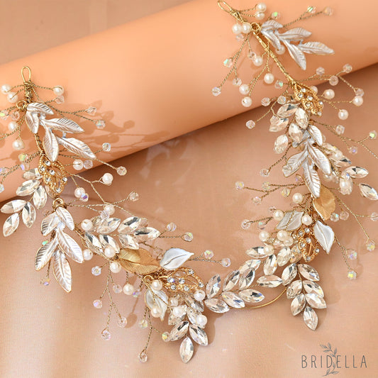 Gold Rhinestone Pearl Bridal Headband Wedding Hairpiece - Bridella BHP272-G - Golden - HEADWEAR