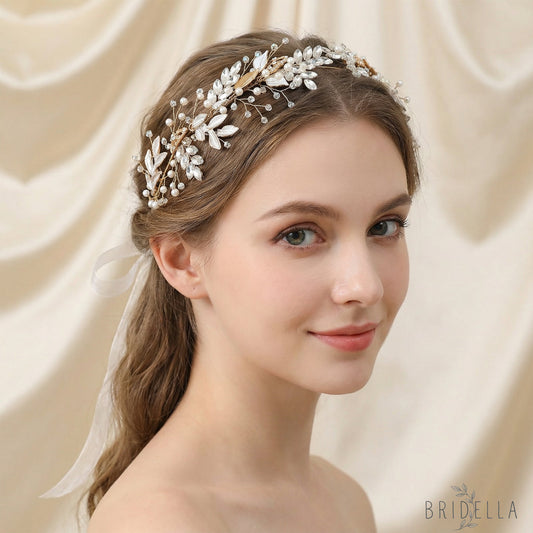 Gold Rhinestone Pearl Bridal Headband Wedding Hairpiece - Bridella BHP272-G - Golden - HEADWEAR