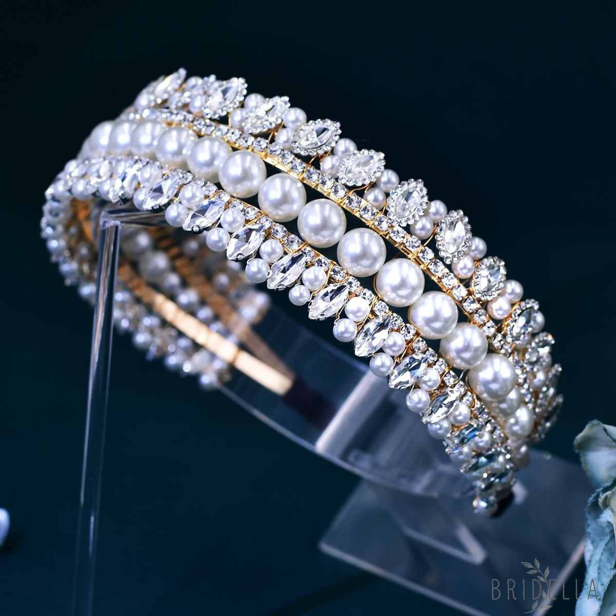 BHP631 gold rhinestone pearl headband