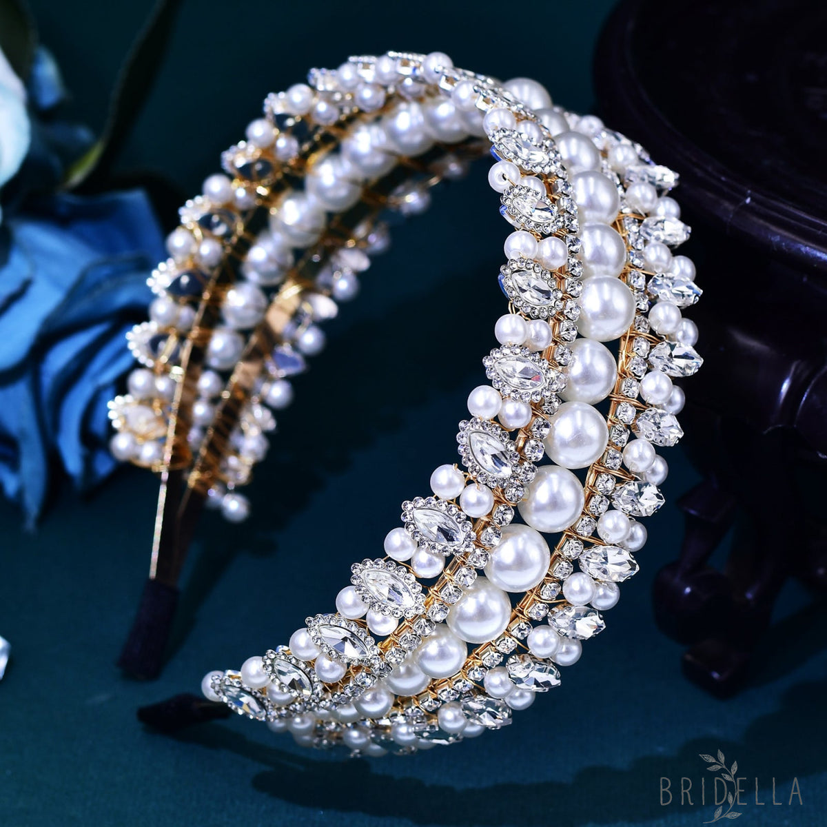 BHP631 gold rhinestone pearl headband