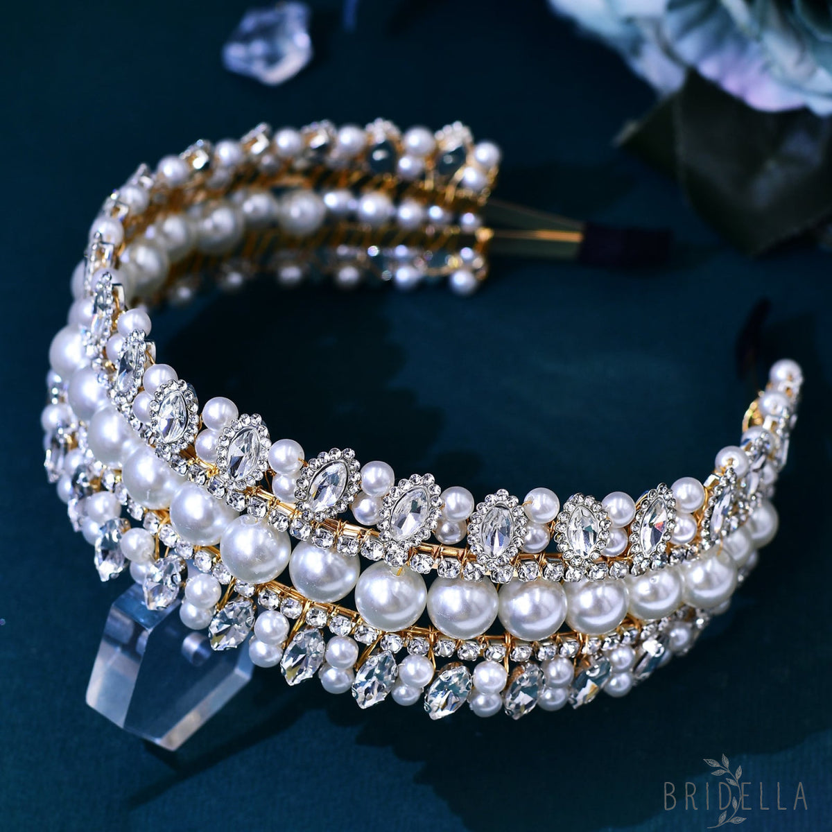 BHP631 gold rhinestone pearl headband