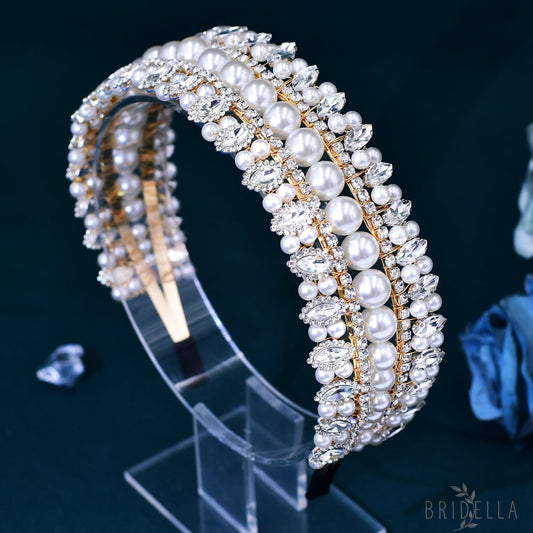 BHP631 gold rhinestone pearl headband