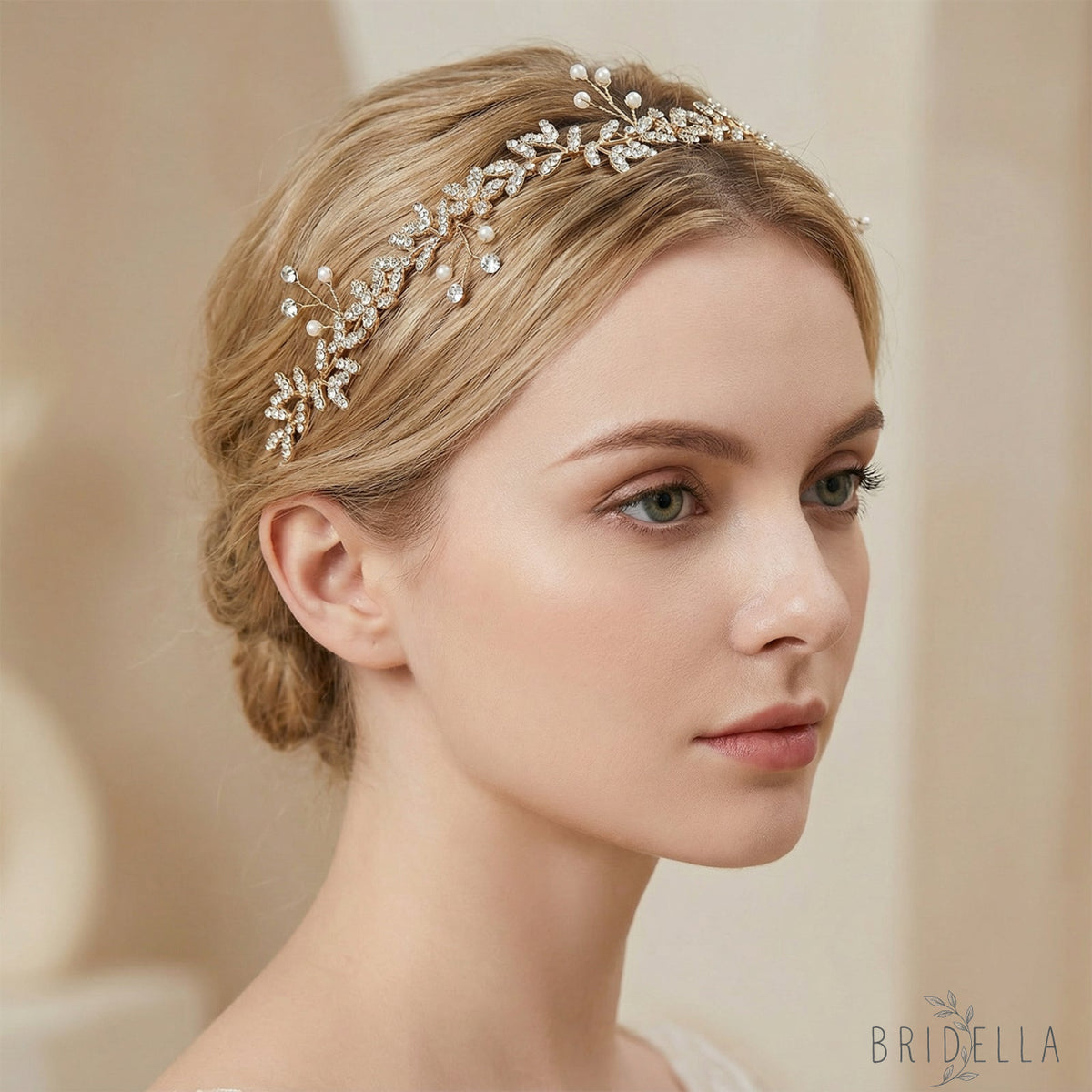 Gold Rhinestone Pearl Bridal Headband Wedding Hairpiece - Bridella BHP89-G - Golden - HEADWEAR