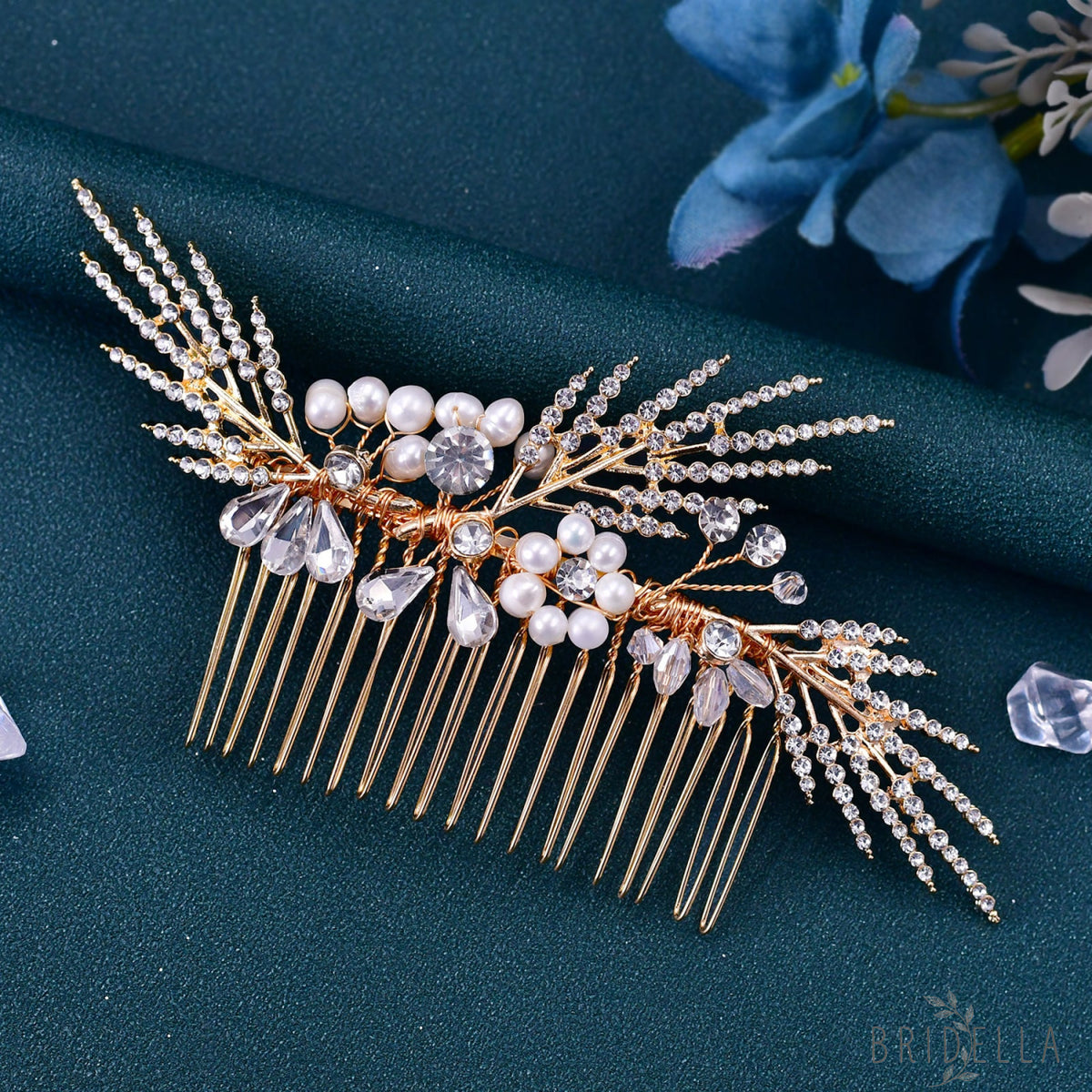 Gold Rhinestone & Pearl Tiara - Bridella BHP01-G