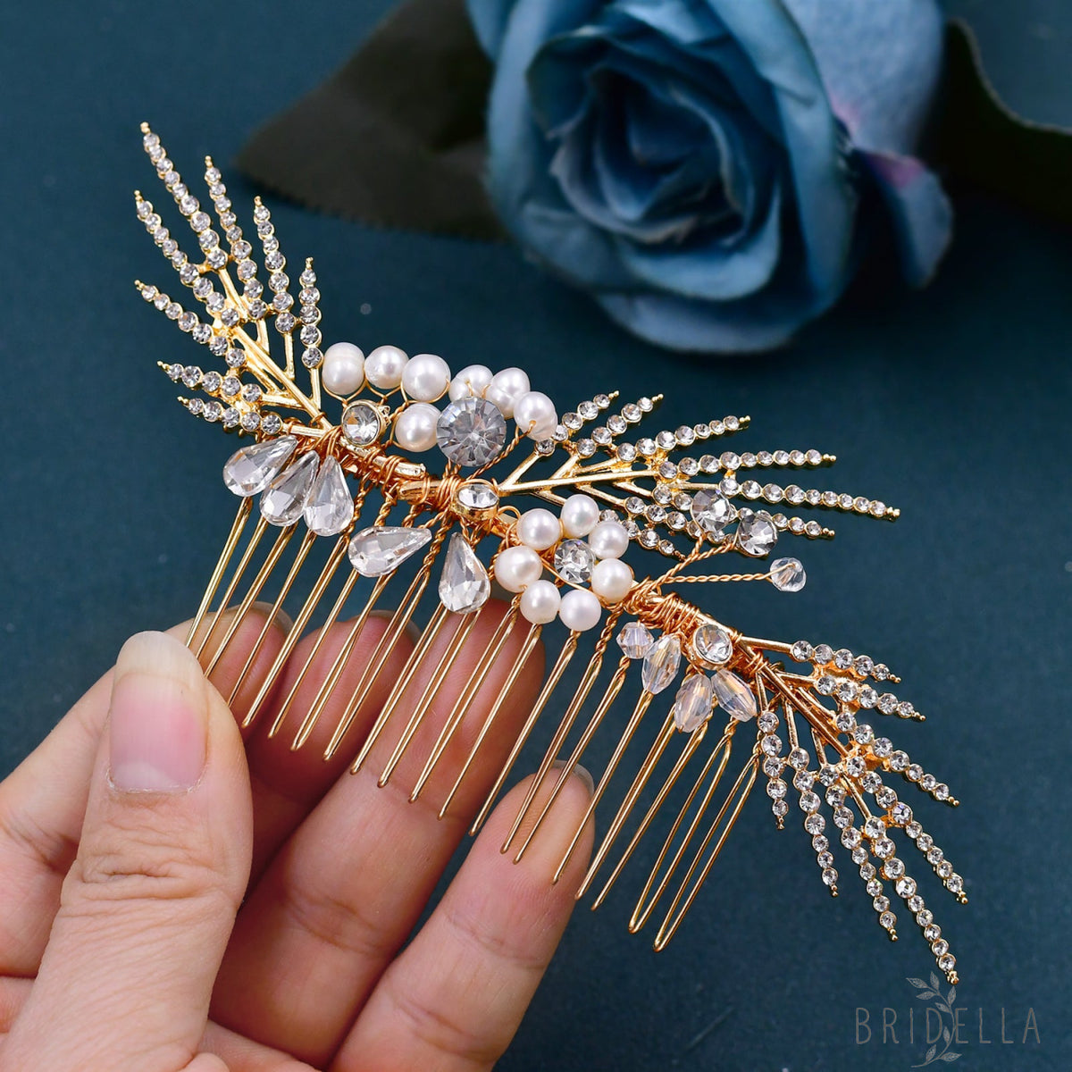 Gold Rhinestone & Pearl Tiara - Bridella BHP01-G