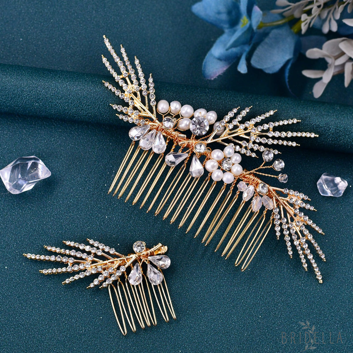 Gold Rhinestone & Pearl Tiara - Bridella BHP01-G