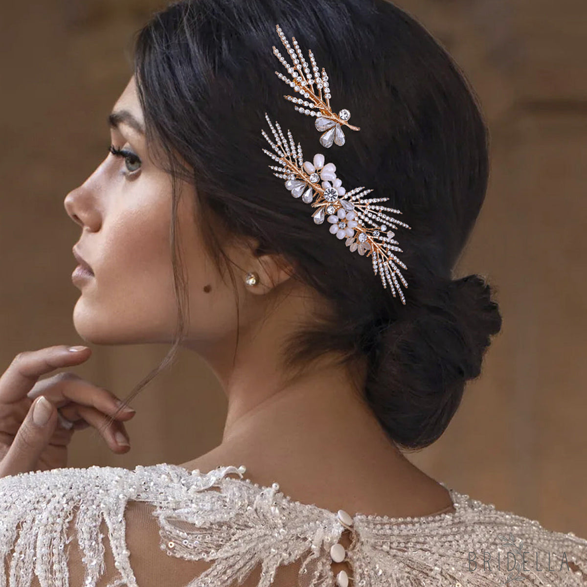 Gold Rhinestone & Pearl Tiara - Bridella BHP01-G